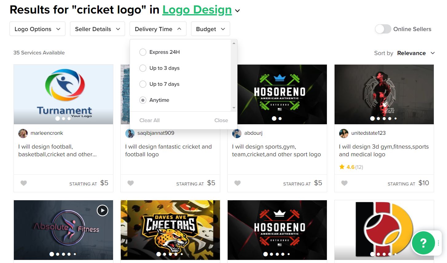 Captura de pantalla de Fiverr: diseñadores de logotipos de Cricket